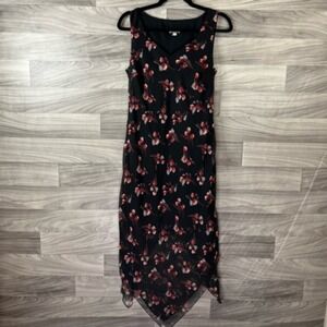 Believe Sheath Dress Womens 8‎ Black Floral Midi V Neck Sleeveless Y2K Indie 90s